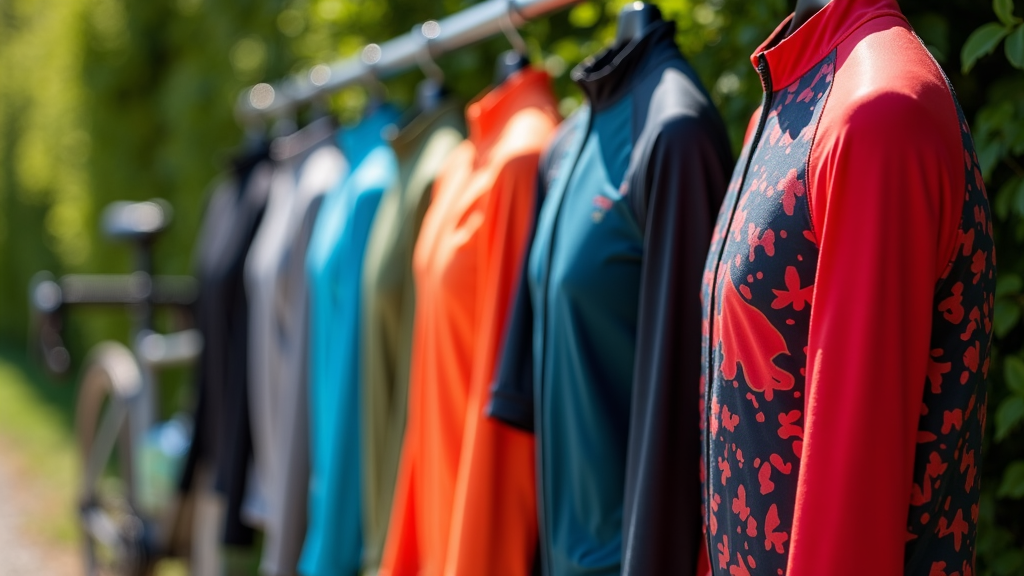 Lightweight cycling jerseys hanging on a rack in natural daylight with greenery in the background